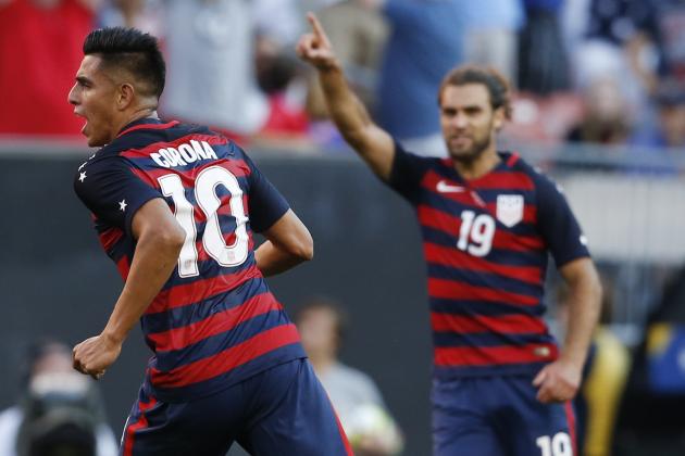 United States' Joe Corona (10) celebrates with Graham Zusi (19) after scoring a goal against Nicaragua during a CONCACAF Gold Cup soccer match in Cleveland, Ohio, Saturday, July 15, 2017. (AP Photo/Ron Schwane)