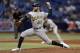 Oakland Athletics relief pitcher Sean Doolittle during the eighth inning of the second game of a baseball doubleheader against the Tampa Bay Rays Saturday, June 10, 2017, in St. Petersburg, Fla. (AP Photo/Chris O'Meara)