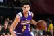 LAS VEGAS, NV - JULY 16: Lonzo Ball #2 of the Los Angeles Lakers handles the ball against the Dallas Mavericks during the 2017 Summer League Semifinals on July 16, 2017 at the Thomas & Mack Center in Las Vegas, Nevada. NOTE TO USER: User expressly acknowledges and agrees that, by downloading and/or using this Photograph, user is consenting to the terms and conditions of the Getty Images License Agreement. Mandatory Copyright Notice: Copyright 2017 NBAE (Photo by Garrett Ellwood/NBAE via Getty Images)