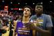 Jul 15, 2017; Las Vegas, NV, USA; Los Angeles Lakers guard Lonzo Ball (left) celebrates with center Thomas Bryant after defeating the Brooklyn Nets during an NBA Summer League game at Thomas & Mack Center. Mandatory Credit: Mark J. Rebilas-USA TODAY Sports