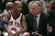 New York Knicks head coach Larry Brown, right, talks to Stephon Marbury during the second half against the Philadelphia 76ers, Saturday, Nov. 26, 2005 at New York's Madison Square Garden. Marbury scored 33 points as the Knicks won the game 105-102 in overtime. (AP Photo/Frank Franklin II)