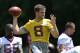 Washington Redskins quarterback Kirk Cousins (8) warms up during NFL football team practice, Tuesday, June 13, 2017, in Ashburn, Va. (AP Photo/Nick Wass)