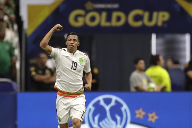Mexico's Angel Sepulveda (19) celebrates after he scored a goal against Curacao during a CONCACAF Gold Cup soccer match in San Antonio, Sunday, July 16, 2017. (AP Photo/Eric Gay)