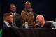 LONDON, ENGLAND - JULY 14: (R-L) Floyd Mayweather Jr. speaks to Conor McGregor during the Floyd Mayweather Jr. v Conor McGregor World Press Tour event at SSE Arena on July 14, 2017 in London, England. (Photo by Jeff Bottari/Zuffa LLC/Zuffa LLC via Getty Images)