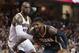 Indiana Pacers' Paul George, right, drives against Cleveland Cavaliers' LeBron James during the second half of an NBA basketball game, Sunday, April 2, 2017, in Cleveland. The Cavaliers won 135-130 in double overtime. (AP Photo/Tony Dejak)
