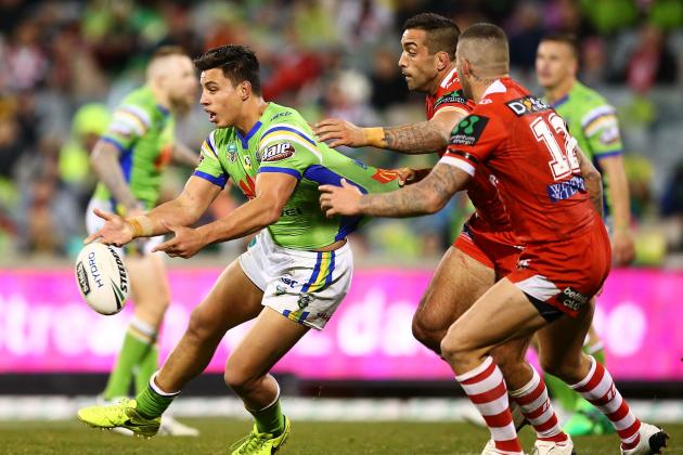 CANBERRA, AUSTRALIA - JULY 14: Joseph Tapine of the Raiders offloads during the round 19 NRL match between the Canberra Raiders and the St George Illawarra Dragons at GIO Stadium on July 14, 2017 in Canberra, Australia.  (Photo by Mark Nolan/Getty Images)