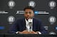 BROOKLYN, NY - JUNE 26: D'Angelo Russell #1 of the Brooklyn Nets speaks to the media during his introductory press conference on June 26, 2017 at HSS Training Center in Brooklyn, New York. NOTE TO USER: User expressly acknowledges and agrees that, by downloading and or using this Photograph, user is consenting to the terms and conditions of the Getty Images License Agreement. Mandatory Copyright Notice: Copyright 2017 NBAE (Photo by Nathaniel S. Butler/NBAE via Getty Images)