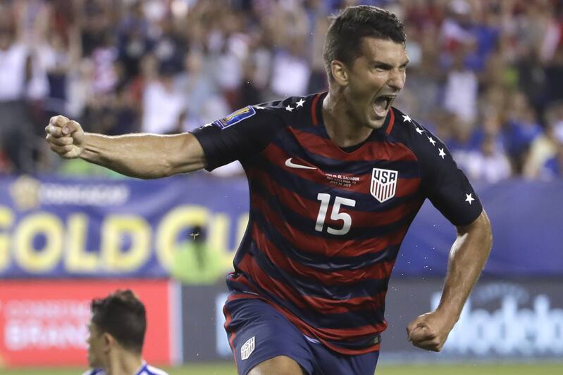 United States' Eric Lichaj (15) reacts after kicking a goal during a CONCACAF Gold Cup quarterfinal soccer match against El Salvador in Philadelphia, Wednesday, July 19, 2017. (AP Photo/Matt Rourke)