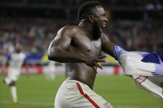 United States' Jozy Altidore celebrates after scoring against Costa Rica during a CONCACAF Gold Cup semifinal soccer match in Arlington, Texas, Saturday, July 22, 2017. (AP Photo/LM Otero)