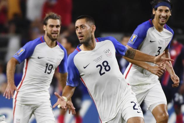 United States' Clint Dempsey (28) celebrates with teammates Graham Zusi, left, and Omar Gonzalez, right, after scoring a goal during a CONCACAF Gold Cup semifinal soccer match against Costa Rica in Arlington, Texas, Saturday, July 22, 2017. United States won 2-0. (AP Photo/Jeffrey McWhorter)