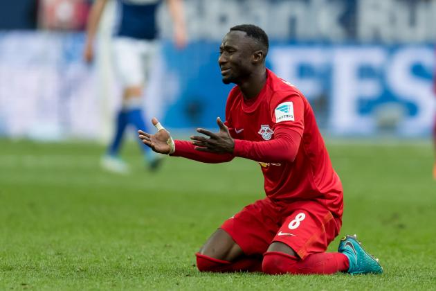 GELSENKIRCHEN, GERMANY - APRIL 23: Naby Deco Keita of Leipzig gestures during the Bundesliga match between FC Schalke 04 and RB Leipzig at Veltins-Arena on April 23, 2017 in Gelsenkirchen, Germany. (Photo by TF-Images/Getty Images)