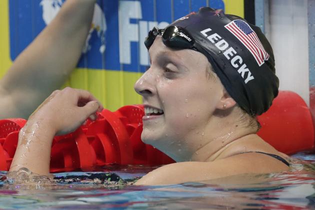 United States' Katie Ledecky celebrates after winning the gold medal in the women's 400-meter freestyle final during the swimming competitions of the World Aquatics Championships in Budapest, Hungary, Sunday, July 23, 2017. (AP Photo/Michael Sohn)