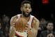 FILE - In this April 6, 2017, file photo, Portland Trail Blazers guard Allen Crabbe plays during the first half of an NBA basketball game against the Minnesota Timberwolves in Portland, Ore. It is clear to Crabbe, and just about everyone else who is watching, that Portland's bench needs to do more against the Warriors in the first round of the NBA playoffs. (AP Photo/Steve Dykes, File)