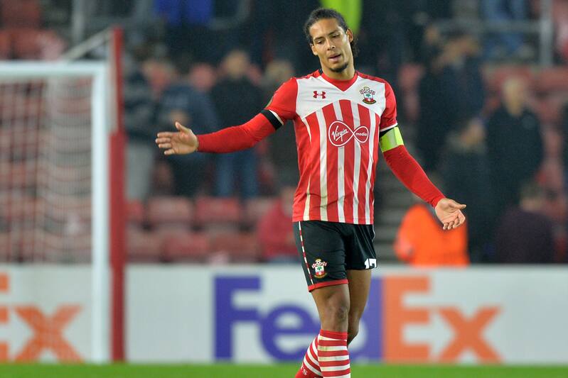 Southampton's Dutch defender Virgil van Dijk reacts after the UEFA Europa League group K football match between Southampton and Hapoel Beer Sheva at St Mary's Stadium in Southampton, southern England, on December 8, 2016.
Hapoel Beer Sheva qualified for the final 32 after the game ended 1-1. / AFP / OLLY GREENWOOD (Photo credit should read OLLY GREENWOOD/AFP/Getty Images)