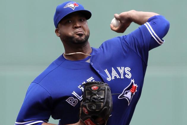 Toronto Blue Jays starting pitcher Francisco Liriano delivers during the first inning of a baseball game against the Boston Red Sox at Fenway Park in Boston, Thursday, July 20, 2017. (AP Photo/Charles Krupa)