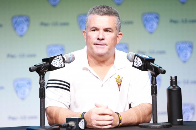 HOLLYWOOD, CA - JULY 27:  Head coach Todd Graham of the Arizona Sun Devils speaks to the media during PAC12 Media Days on July 27, 2017 in Hollywood, California.  (Photo by Leon Bennett/Getty Images)