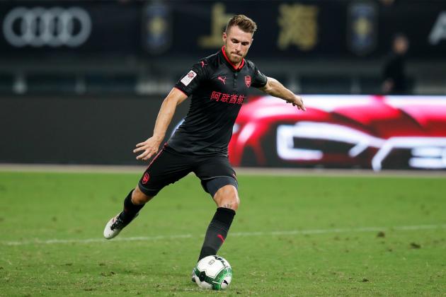 SHANGHAI, CHINA - JULY 19: #8 Aaron Ramsey of Arsenal FC during the 2017 International Champions Cup China match between FC Bayern and Arsenal FC at Shanghai Stadium on July 19, 2017 in Shanghai, China. (Photo by Zhizhao Wu/Getty Images)
