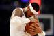 NEW YORK, NY - APRIL 12: Carmelo Anthony #7 of the New York Knicks hugs the ball before the opening tipoff against the Philadelphia 76ers at Madison Square Garden on April 12, 2017 in New York City. NOTE TO USER: User expressly acknowledges and agrees that, by downloading and or using this Photograph, user is consenting to the terms and conditions of the Getty Images License Agreement (Photo by Elsa/Getty Images)