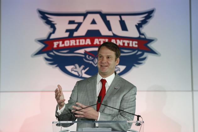 Lane Kiffin gestures as he speaks after being introduced as the new Florida Atlantic head football coach, Tuesday, Dec. 13, 2016, in Boca Raton, Fla. The school announced the move on Twitter on Tuesday, a day after Alabama coach Nick Saban said his offensive coordinator was leaving to take over the Owls. It's the fourth opportunity for Kiffin to be a head coach, after an NFL stint with the Oakland Raiders and college ones at Tennessee and USC. (AP Photo/Wilfredo Lee)
