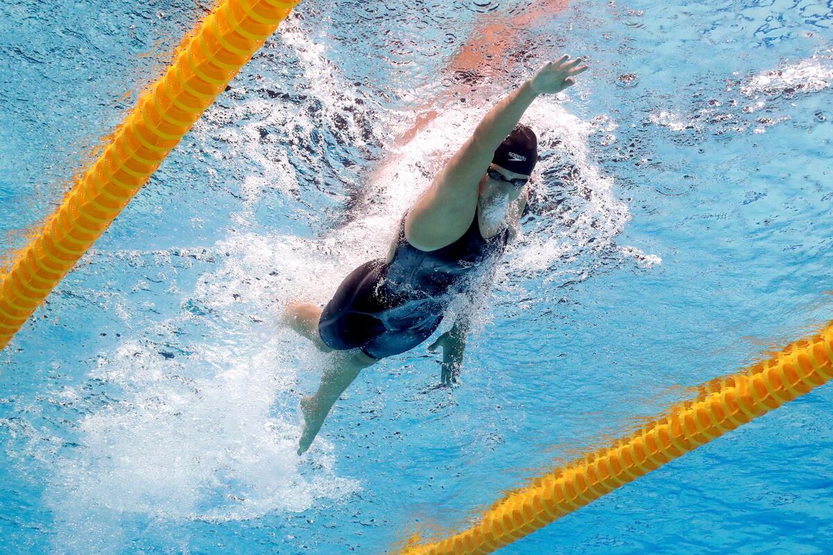Katie Ledecky leading the 1500m freestyle final at the World Aquatics Championships