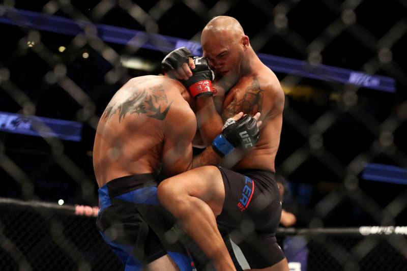 ANAHEIM, CA - JULY 29: Robbie Lawler knees Donald Cerrone in their welterweight bout during the UFC 214 event at Honda Center on July 29, 2017 in Anaheim, California. (Photo by Christian Petersen/Zuffa LLC/Zuffa LLC via Getty Images)