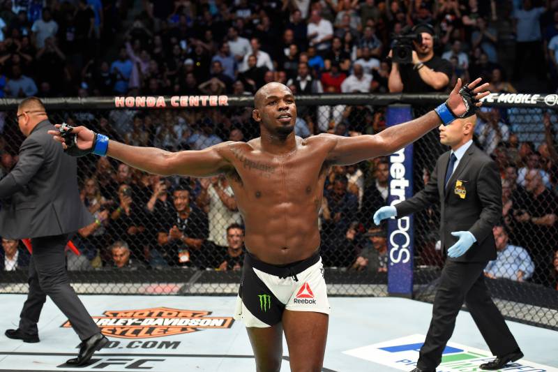 ANAHEIM, CA - JULY 29: Jon Jones celebrates after knocking out Daniel Cormier in their UFC light heavyweight championship bout during the UFC 214 event at Honda Center on July 29, 2017 in Anaheim, California. (Photo by Josh Hedges/Zuffa LLC/Zuffa LLC via Getty Images)