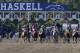 The horses leave the starting gate during the Haskell Invitational horse race at Monmouth Park in Oceanport, N.J., Sunday, Aug. 2, 2015. Jockey Victor Espinoza, third right, on Triple Crown winner American Pharoah won. Keen Ice was second. (AP Photo/Mel Evans)