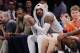 New York Knicks' Carmelo Anthony, center, watches during the second half of an NBA basketball game against the Philadelphia 76ers Wednesday, April 12, 2017, in New York. The Knicks won 114-113. (AP Photo/Frank Franklin II)