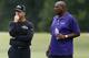 Baltimore Ravens head coach John Harbaugh, left, and general manager and executive vice president Ozzie Newsome watch an NFL football training camp practice in Owings Mills, Md., Friday, July 28, 2017. (AP Photo/Patrick Semansky)