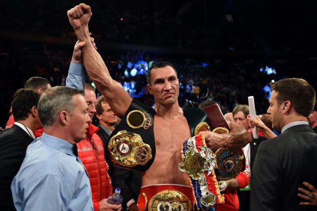 Wladimir Klitschko of the Ukraine celebrates his win over Bryant Jennings of the US after their World Heavyweight Championship boxing bout at Madison Square Garden in New York on April 25, 2015. AFP PHOTO / TIMOTHY A. CLARY        (Photo credit should read TIMOTHY A. CLARY/AFP/Getty Images)