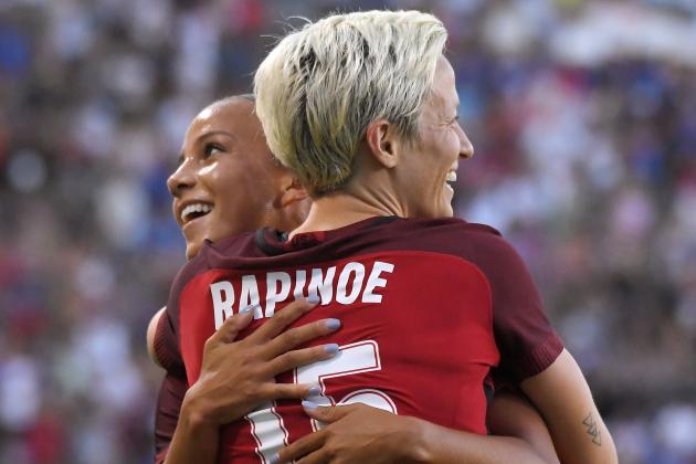 United States' Megan Rapinoe, front, celebrates her goal with Mallory Pugh during the first half against Japan in a Tournament of Nations soccer match, Thursday, Aug. 3, 2017, in Carson, Calif. (AP Photo/Mark J. Terrill)