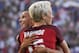 United States' Megan Rapinoe, front, celebrates her goal with Mallory Pugh during the first half against Japan in a Tournament of Nations soccer match, Thursday, Aug. 3, 2017, in Carson, Calif. (AP Photo/Mark J. Terrill)