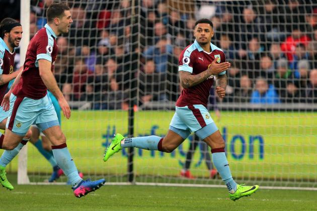 SWANSEA, WALES - MARCH 04: Andre Gray of Burnley celebrates the second goal for his team during the Premier League match between Swansea City and Burnley at The Liberty Stadium on March 4, 2017 in Swansea, Wales. (Photo by Athena Pictures/Getty Images)