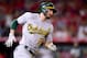 ANAHEIM, CA - AUGUST 04: Matt Joyce #23 of the Oakland Athletics runs on his RBI double to take a 6-2 lead over the Los Angeles Angels during the sixth inning at Angel Stadium of Anaheim on August 4, 2017 in Anaheim, California. (Photo by Harry How/Getty Images)