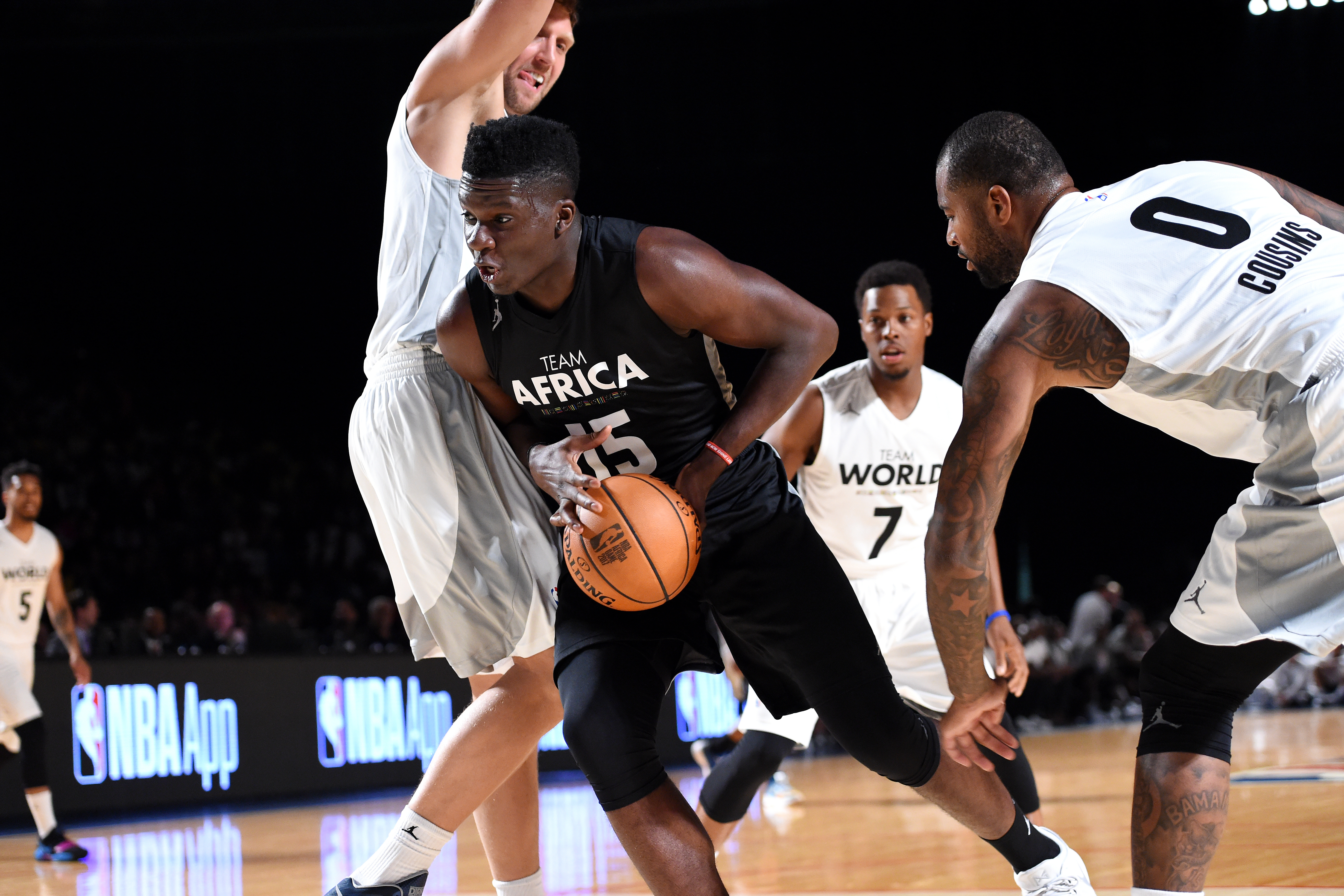 JOHANNESBURG, SOUTH AFRICA - AUGUST 5: Clint Capela #15 of Team Africa drives to the basket against Team World in the 2017 Africa Game as part of the Basketball Without Borders Africa at the Ticketpro Dome on August 5, 2017 in Gauteng province of Johannesburg, South Africa. NOTE TO USER: User expressly acknowledges and agrees that, by downloading and or using this photograph, User is consenting to the terms and conditions of the Getty Images License Agreement. Mandatory Copyright Notice: Copyright 2017 NBAE (Photo by Andrew D. Bernstein/NBAE via Getty Images)