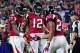 HOUSTON, TX - FEBRUARY 05: Justin Hardy #16, Mohamed Sanu #12 and Devonta Freeman #24 of the Atlanta Falcons celebrate after Freeman scored a touchdown on a 5 yard run against the New England Patriots in the second quarter during Super Bowl 51 at NRG Stadium on February 5, 2017 in Houston, Texas. (Photo by Tom Pennington/Getty Images)