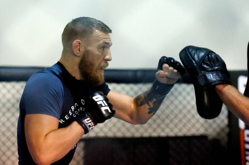 LAS VEGAS, NV - AUGUST 12: UFC featherweight champion Conor McGregor trains during an open workout at his gym on August 12, 2016 in Las Vegas, Nevada. McGregor is scheduled to fight Nate Diaz in a welterweight rematch at UFC 202: Diaz vs. McGregor 2 on August 20, 2016 in Las Vegas. (Photo by Isaac Brekken/Getty Images)