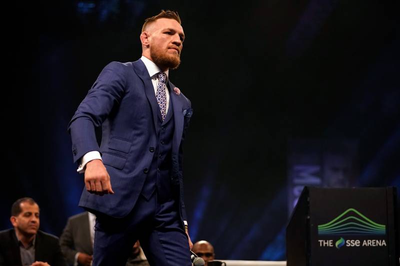 LONDON, ENGLAND - JULY 14: Conor McGregor reacts to the crowd during the Floyd Mayweather Jr. v Conor McGregor World Press Tour event at SSE Arena on July 14, 2017 in London, England. (Photo by Jeff Bottari/Zuffa LLC/Zuffa LLC via Getty Images)