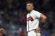 Aug 3, 2017; Atlanta, GA, USA; Atlanta Braves shortstop Johan Camargo (17) shows emotion against the Los Angeles Dodgers in the sixth inning at SunTrust Park. Mandatory Credit: Brett Davis-USA TODAY Sports