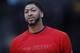 New Orleans Pelicans forward Anthony Davis (23) in the first half of an NBA basketball game Friday, April 7, 2017, in Denver. (AP Photo/David Zalubowski)