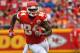 KANSAS CITY, MO - SEPTEMBER 25: Tight end Demetrius Harris #84 of the Kansas City Chiefs rushes up field, after catching a pass against the New York Jets during the first half on September 25, 2016 at Arrowhead Stadium in Kansas City, Missouri. (Photo by Peter G. Aiken/Getty Images)