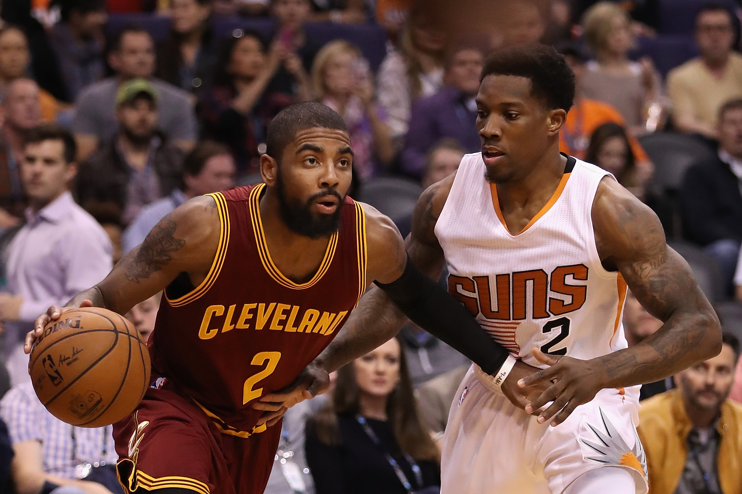 PHOENIX, AZ - JANUARY 08: Kyrie Irving #2 of the Cleveland Cavaliers handles the ball against Eric Bledsoe #2 of the Phoenix Suns during the first half of the NBA game at Talking Stick Resort Arena on January 8, 2017 in Phoenix, Arizona. NOTE TO USER: User expressly acknowledges and agrees that, by downloading and or using this photograph, User is consenting to the terms and conditions of the Getty Images License Agreement. (Photo by Christian Petersen/Getty Images)
