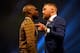 LONDON, ENGLAND - JULY 14: (R-L) Conor McGregor and Floyd Mayweather Jr. face off during the Floyd Mayweather Jr. v Conor McGregor World Press Tour event at SSE Arena on July 14, 2017 in London, England. (Photo by Jeff Bottari/Zuffa LLC/Zuffa LLC via Getty Images)
