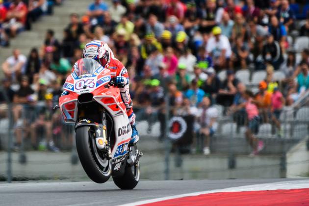 Ducati Team's Italian rider Andrea Dovizioso competes during the qualifying session of the MotoGP Austrian Grand Prix weekend at Red Bull Ring in Spielberg, Austria on August 12, 2017. / AFP PHOTO / Jure Makovec (Photo credit should read JURE MAKOVEC/AFP/Getty Images)
