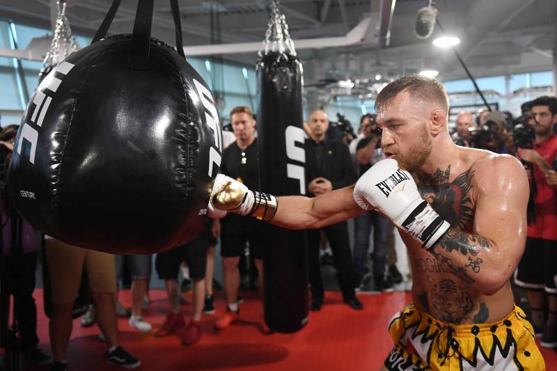 LAS VEGAS, NV - AUGUST 11: UFC lightweight champion Conor McGregor hits an uppercut bag during a media workout at the UFC Performance Institute on August 11, 2017 in Las Vegas, Nevada. McGregor will fight Floyd Mayweather Jr. in a boxing match at T-Mobile Arena on August 26 in Las Vegas. (Photo by Ethan Miller/Getty Images)
