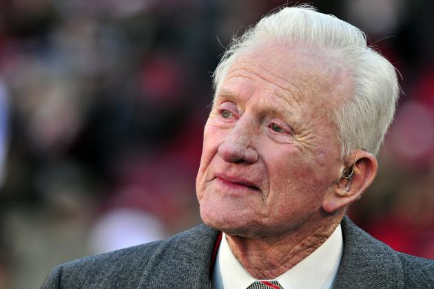 Former Arkansas coach and athletic director Frank Broyles is recognized during an NCAA college football game between LSU and Arkansas in Fayetteville, Ark., Friday, Nov. 23, 2012. A statue of Broyles was dedicated earlier in the day. (AP Photo/April L. Brown)