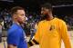 OAKLAND, CA - DECEMBER 5: Stephen Curry #30 of the Golden State Warriors and Paul George #13 of the Indiana Pacers before the game against the Indiana Pacers on December 5, 2016 at ORACLE Arena in Oakland, California. NOTE TO USER: User expressly acknowledges and agrees that, by downloading and or using this photograph, user is consenting to the terms and conditions of Getty Images License Agreement. Mandatory Copyright Notice: Copyright 2016 NBAE (Photo by Noah Graham/NBAE via Getty Images)