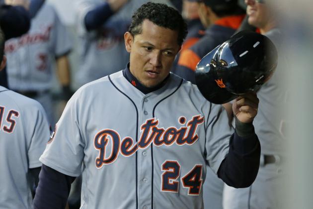 Detroit Tigers' Miguel Cabrera takes off his batting helmet after he scored during the sixth inning of the team's baseball game against the Seattle Mariners, Wednesday, June 21, 2017, in Seattle. (AP Photo/Ted S. Warren)
