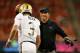 TUCSON, AZ - SEPTEMBER 26: Head coach Jim Mora of the UCLA Bruins congratulates quarterback Josh Rosen #3 after Rosen scored on a eighth yard rushing touchdown against the Arizona Wildcats during the third quarter of the college football game at Arizona Stadium on September 26, 2015 in Tucson, Arizona. The Bruins defeated the Wildcats 56-23. (Photo by Christian Petersen/Getty Images)