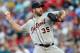 ARLINGTON, TX - AUGUST 15: Justin Verlander #35 of the Detroit Tigers throws against the Texas Rangers in the second inning at Globe Life Park in Arlington on August 15, 2017 in Arlington, Texas. (Photo by Ronald Martinez/Getty Images)